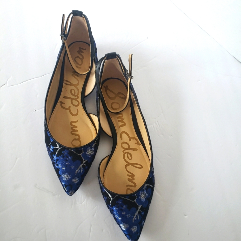 Sam Edelman Radley Blue Black Floral Jacquard D’Orsay Pointed Toe Ballet Flats